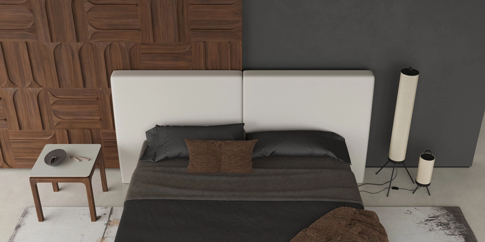 Кровать отделка шпон ореха F, экокожа PU78, светло-серый матовый лак RAL9002 от MOD INTERIORS, MDI.BD.CP.1