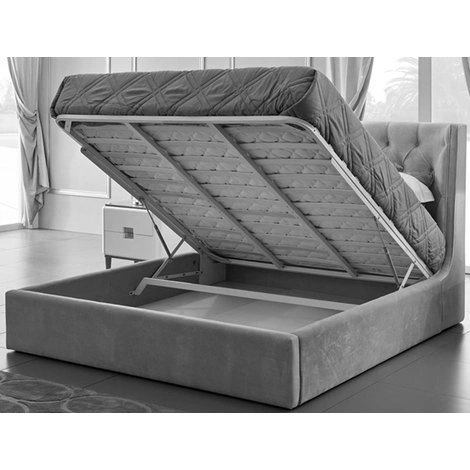 Кровать с подъемным механизмом отделка ножки сусальное серебро, покрытое лаком шампань, ткань серо-голубая рогожка от FRATELLI BARRI, FB.BD.MES.387