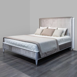 Кровать с решеткой отделка белый глянцевый лак, ткань серебристо серый велюр