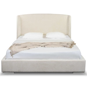 Кровать с решеткой отделка жемчужный белый лак, ткань Tiffany-01
