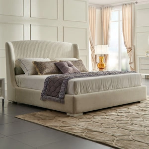 Кровать с решеткой отделка жемчужный белый лак, ткань Anyzo-01 с рисунком