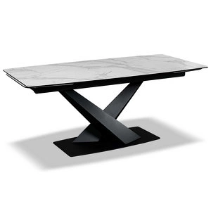 Обеденный стол отделка закаленное стекло с керамикой, черный металл