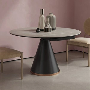 Обеденный стол отделка закаленное стекло с керамикой, черный металл, декор розовое золото