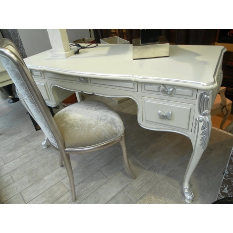 Письменный стол, отделка бело-бежевый лак с эффектом теснения под кожу, гладкое сусальное серебро (9Е-С) от ROYAL LIFE, RL.WD.LKL.626
